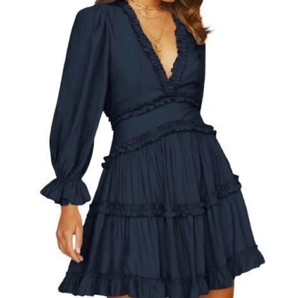 Shein deep, V-neck, frilly, tiered, backless, navy blue dress size xs